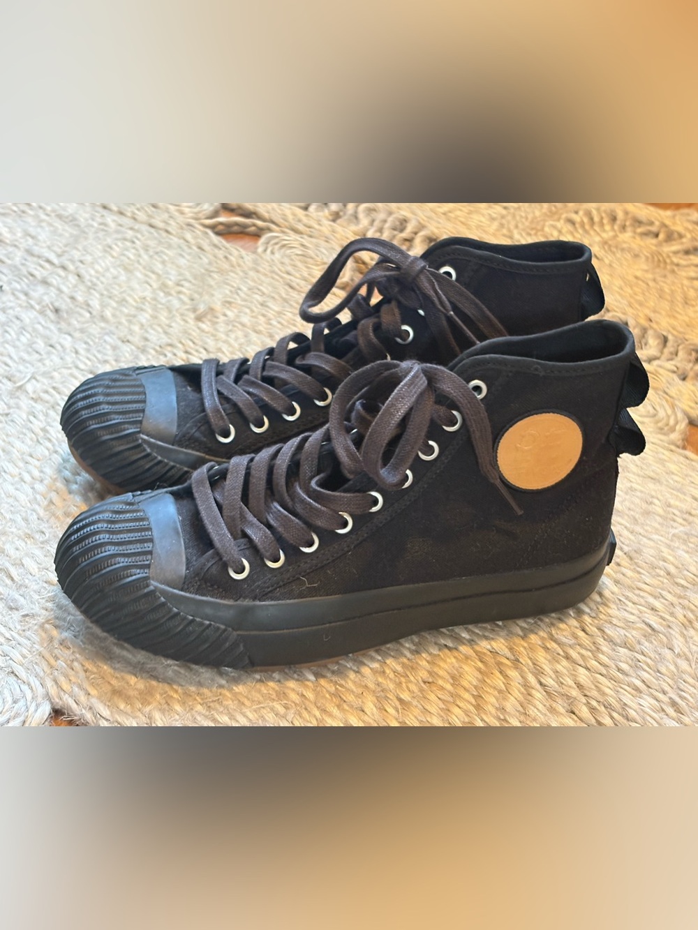 P.F. Flyers Black High-Top Canvas Sneakers with Tan Logo Patch